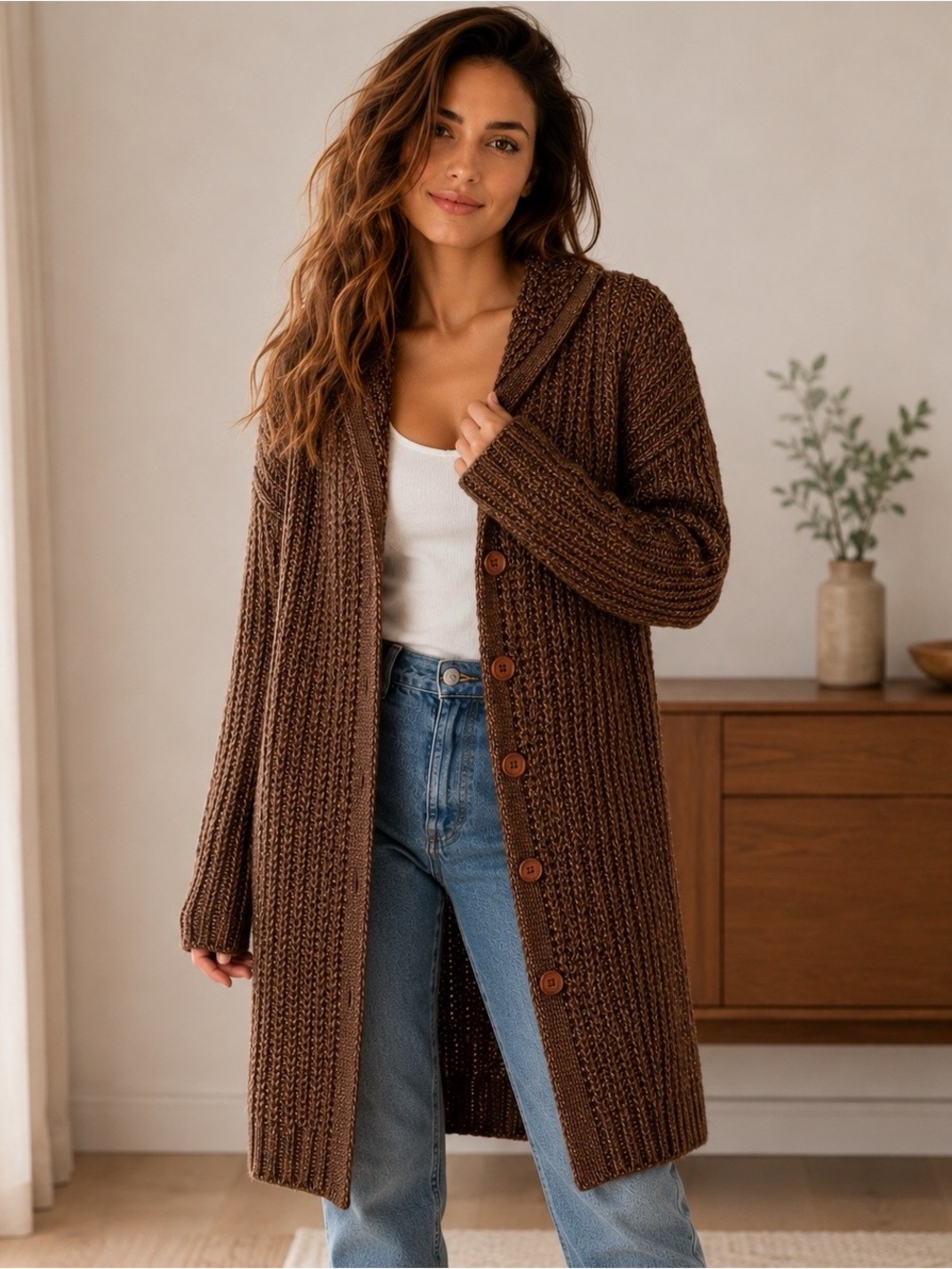 Long -Trendy and Fashionable - Brown Cardigan- Size M